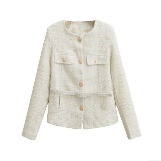 Women's Elegant Ivory Tweed Jacket With Belt Gold Embossed Buttons Round Neck Long Sleeve Classic Cream Short Coat For Office Daily Autumn Winter Outerwear