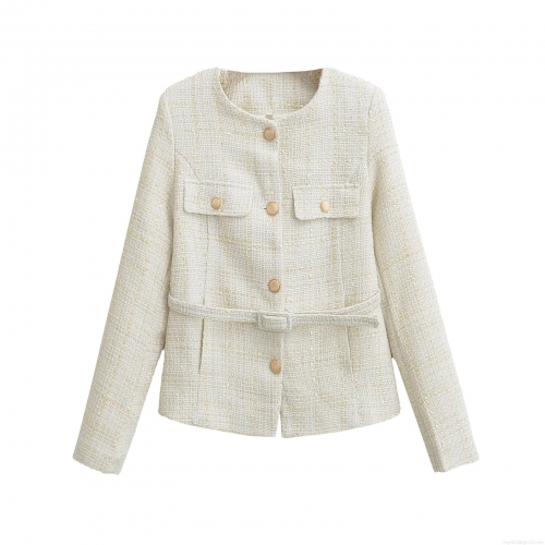 Women's Elegant Ivory Tweed Jacket With Belt Gold Embossed Buttons Round Neck Long Sleeve Classic Cream Short Coat For Office Daily Autumn Winter Outerwear