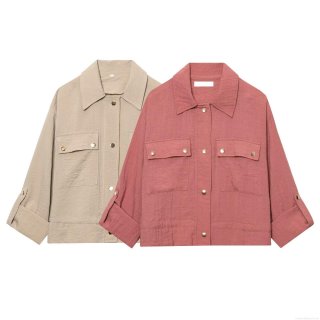 Women's Casual Solid Color Polyester Jacket With Turn-Down Collar And Pockets Metal Button Up Short Coat For Autumn Streetwear Fashion