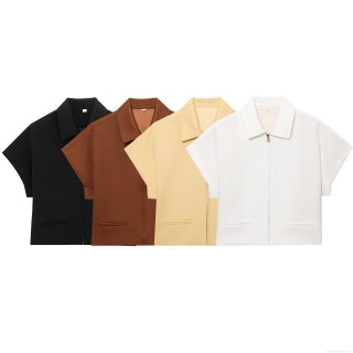 Women's Fashion Short Sleeve Zipper Jacket Lapel Baseball Uniform Solid Color Polyester Blend Outerwear Casual Streetwear Coat For Ladies