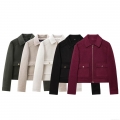 Women's Fashion Short Wool Blend Jacket Lapel Long Sleeve Zipper Baseball Uniform Coat Solid Color Streetwear Outerwear With Large Pockets