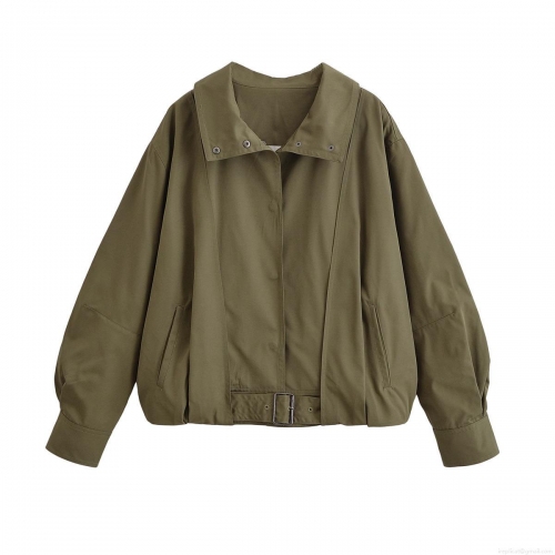 Women's Loose Oversized Lapel Jacket Long Sleeve Snap Button Adjustable Hem Cropped Baseball Uniform Outerwear 100% Polyester Solid Color Fall Streetwear Coat