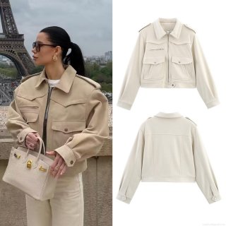 Women's Faux Suede Short Jacket Utility Cargo Style Zipper Front Multi-Pockets Long Sleeve Lapel Outwear Streetwear Casual Beige Coat
