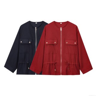Women's Round Neck Drawstring Waist Jacket Polyester Blend Solid Color Long Sleeve Zipper Coat Loose Fit Streetwear Outerwear For Autumn