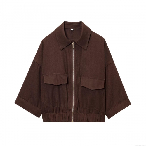 Women's Solid Color Lapel Long Sleeve Zip Up Jacket With Pockets Cargo Style Casual Loose Outerwear Autumn Winter Fashion Streetwear Coat