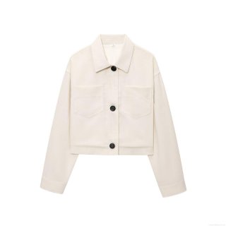Women's Short Jacket Lapel Long Sleeve Single Breasted Coat Polyester Blended Casual Streetwear Outerwear With Pockets Cream White Autumn Fashion Trendy Loose Fit Lady Top