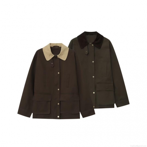 Women's Retro Workwear Jacket Loose Corduroy Patchwork Lapel Coat Windproof Outerwear Canvas Jacket For Women Autumn Street Style Solid Color Zip-up Utility Jacket