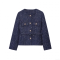 Women's Elegant Navy Blue Tweed Jacket With Gold Buttons And Belt Sequin Trimmed Round Neck Long Sleeve Outerwear For Autumn Winter Chic Short Coat