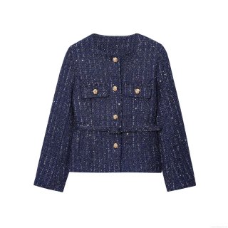 Women's Elegant Navy Blue Tweed Jacket With Gold Buttons And Belt Sequin Trimmed Round Neck Long Sleeve Outerwear For Autumn Winter Chic Short Coat