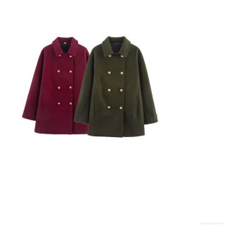 Women's Double Breasted Mid-Length Woolen Coat Elegant Lapel Long Sleeve Winter Jacket Solid Color Loose Fit Outerwear With Golden Buttons For Ladies