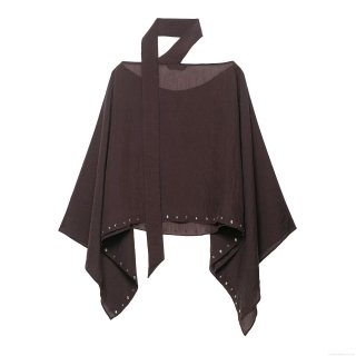 Women's Dark Brown Studded Poncho Jacket Irregular Hem Sleeveless Scarf Collar Polyester Outerwear Chic Autumn Streetwear Top