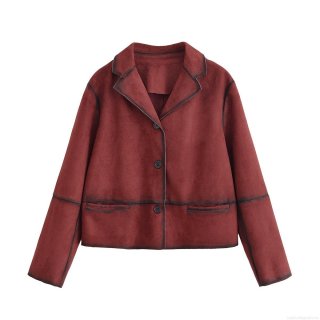 Women's Vintage Faux Suede Jacket Single Breasted Lapel Long Sleeve Cropped Outwear With Burnished Effect 100% Polyester Jacket For Autumn Winter