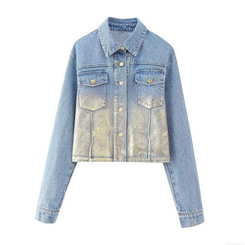 Women's Vintage Denim Style Crop Jacket With Gold Metallic Coating Lapel Single Breasted Long Sleeve Streetwear Outerwear