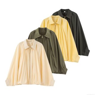 Women's Fashion 100% Polyester Plissé Pleated Jacket Lapel Long Sleeve Zipper Up Loose Fit Solid Color Baseball Uniform Coat Outerwear