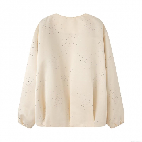 Women's Sparkling Rhinestone Baseball Jacket Luxury 100% Polyester Circular Neck Long Sleeve Zip Up Bomber Jacket Casual Loose Autumn Outerwear Streetwear Beige