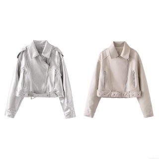 Women's Short PU Faux Leather Motorcycle Jacket With Belt Flip Collar Long Sleeve Streetwear Biker Coat For Autumn PU Leather And Polyester Lining