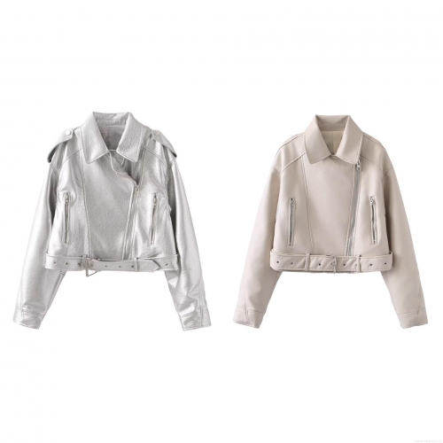 Women's Short PU Faux Leather Motorcycle Jacket With Belt Flip Collar Long Sleeve Streetwear Biker Coat For Autumn PU Leather And Polyester Lining