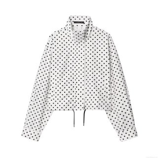Women's Long Sleeve Polka Dot Stand Collar Jacket With Drawstring Hem Casual Loose Zip Up Outerwear Streetwear Fashion For Fall