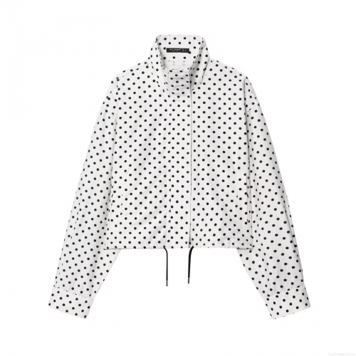 Women's Long Sleeve Polka Dot Stand Collar Jacket With Drawstring Hem Casual Loose Zip Up Outerwear Streetwear Fashion For Fall
