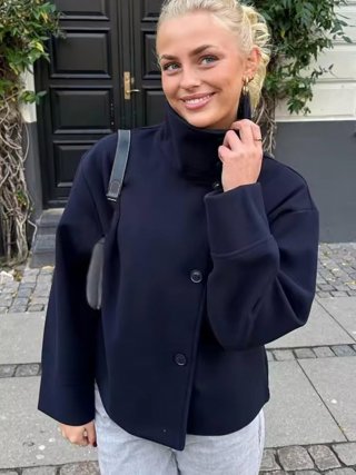 Women's Short Jacket Stand Collar Single Breasted Polyester Wool Like Coat Outerwear Loose Fit Casual Street Style Fashion Women Autumn Clothing