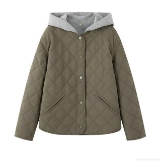 Women's Loose Fit Diamond Quilted Jacket Long Sleeve Fake Two-Piece Hooded Patchwork Puffer Coat Outerwear for Autumn Winter Casual Streetwear