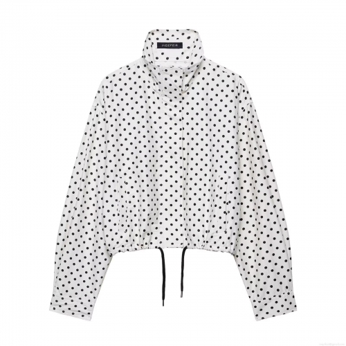Women's Polka Dot Jacket Long Sleeve Stand Collar Zip Up Chenille Polyester Coat Autumn Casual Streetwear Outerwear With Drawstring Hem