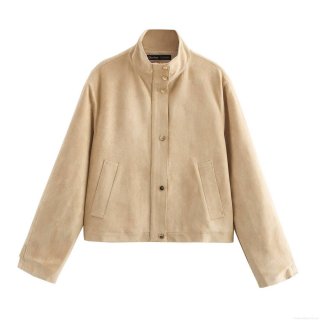 Women's Faux Suede Stand Collar Jacket Solid Color Single Breasted Loose Short Coat Autumn Winter Streetwear Outerwear For Women