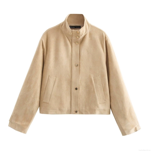 Women's Faux Suede Stand Collar Jacket Solid Color Single Breasted Loose Short Coat Autumn Winter Streetwear Outerwear For Women