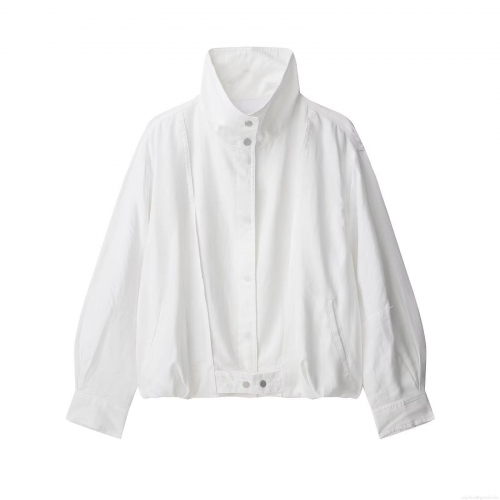 Women's Casual White Bomber Jacket Stand Collar Long Sleeve Polyester Blend Outerwear Streetwear Zip Up Coat With Snap Buttons For Autumn Spring Daily Wear