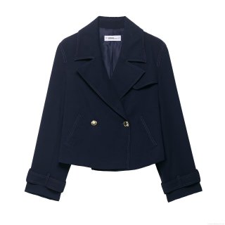 Women's European Style Navy Blue Short Jacket Lapel Double-Breasted Long Sleeve Baseball Coat With Contrast Stitching Golden Buttons Autumn Casual Streetwear