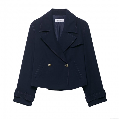 Women's European Style Navy Blue Short Jacket Lapel Double-Breasted Long Sleeve Baseball Coat With Contrast Stitching Golden Buttons Autumn Casual Streetwear