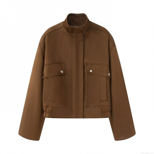 Women's Faux Suede Polyester Jacket Stand Collar Long Sleeve Zipper Short Outerwear Solid Color Autumn Streetwear Bomber Jacket With Pockets