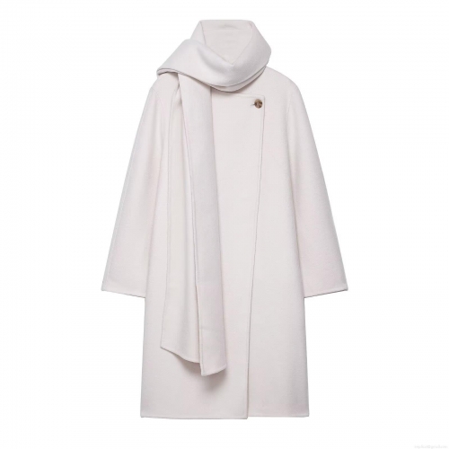 Women Elegant Scarf Collar Woolen Coat 100 Percent Polyester Woven Extra Long Loose Fit Jacket For Winter Autumn Streetwear Office Minimalist Chic Outwear