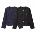 Women's Classic Tweed Jacket With Gold Buttons Sequins Round Neck Long Sleeve Single Breasted Slim Fit Short Coat For Street Office Casual Wear