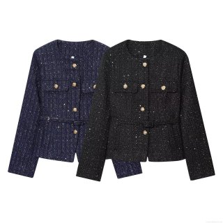 Women's Classic Tweed Jacket With Gold Buttons Sequins Round Neck Long Sleeve Single Breasted Slim Fit Short Coat For Street Office Casual Wear