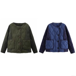 Women's Quilted Jacket Color Block Round Neck Long Sleeve Cotton Padded Coat Winter Warm Windproof Outerwear Streetwear Casual Jacket For Women