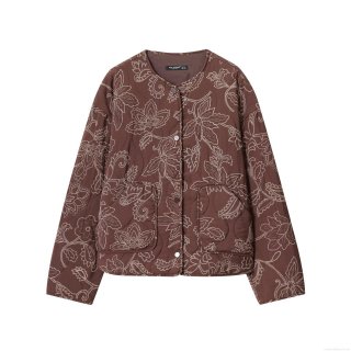 Women Quilted Baseball Jacket Brown Flower Embroidery Long Sleeve Snap Button Polyester Casual Streetwear Outerwear Coat For Autumn Ladies