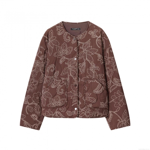 Women Quilted Baseball Jacket Brown Flower Embroidery Long Sleeve Snap Button Polyester Casual Streetwear Outerwear Coat For Autumn Ladies