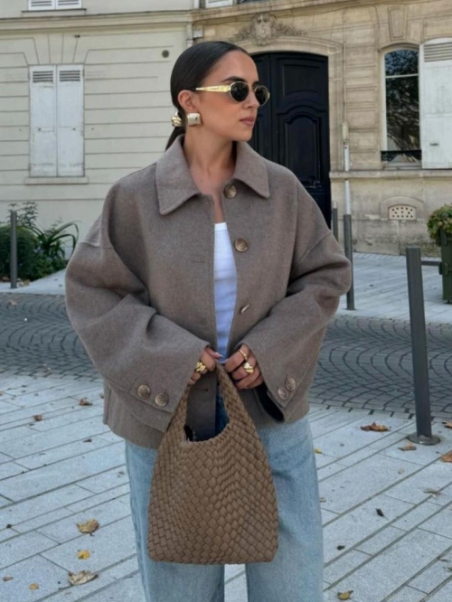 Women's Short Woolen Coat Solid Color Lapel Long Sleeve Single Breasted Jacket With Pockets Streetwear Casual Autumn Winter Outerwear For Women