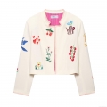 Women's European Style Round Neck Long Sleeve Embroidery Baseball Jacket 100% Polyester Beige Cropped Coat With Cherry Heart Floral Pattern For Daily Streetwear
