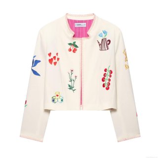 Women's European Style Round Neck Long Sleeve Embroidery Baseball Jacket 100% Polyester Beige Cropped Coat With Cherry Heart Floral Pattern For Daily Streetwear