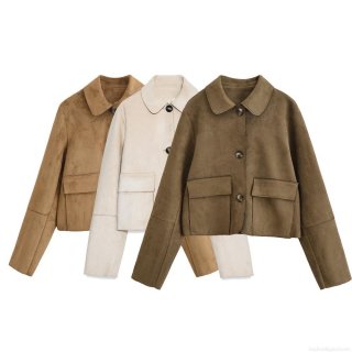 Women's Suede Cropped Jacket Retro Lapel Single Breasted Short Coat Streetwear Long Sleeve Outerwear With Pockets Casual Fashion Solid Color Autumn Jacket For Ladies