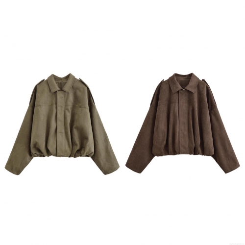 Women's Suede Composite Jacket Oversized Lapel Long Sleeve Bomber Coat Autumn Winter Streetwear Short Outerwear With Zipper Shoulder Straps Pockets