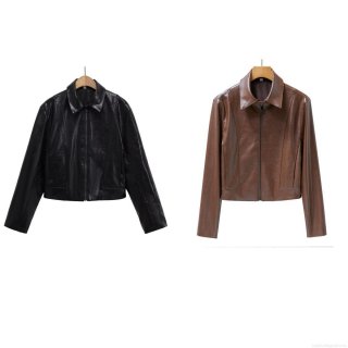 Women's PU Leather Jacket Fashion Lapel Long Sleeve Zipper Biker Coat Solid Color Streetwear Fall Outerwear With Polyester Lining For Women Amber Black