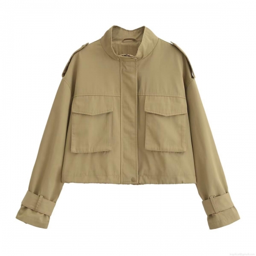 Women European Street Style Utility Jacket Loose Fit Stand Collar Long Sleeve Patchwork Baseball Uniform Large Pockets Khaki Autumn Outerwear Coat