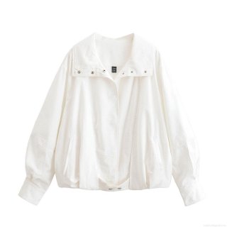Women's Loose Solid White Jacket 100% Polyester Lapel Single Breasted Long Sleeve Baseball Uniform Outerwear Streetwear For Women Autumn