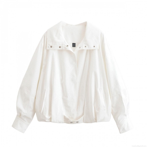 Women's Loose Solid White Jacket 100% Polyester Lapel Single Breasted Long Sleeve Baseball Uniform Outerwear Streetwear For Women Autumn