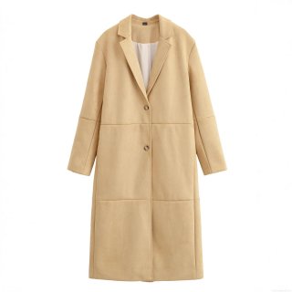 Women's Fashion Long Faux Suede Coat Western Style Suit Collar Long Sleeve Single Breasted Trench Coat Khaki Solid Color Autumn Winter Outwear For Women
