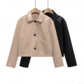 Women's PU Leather Jacket Lapel Long Sleeve Solid Color Loose Short Baseball Coat Casual Streetwear For Autumn Ladies Outerwear With Pockets