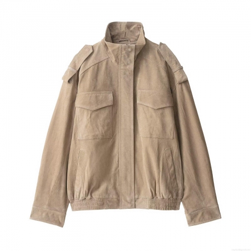 Women's Faux Suede Jacket Stand Collar Long Sleeve Solid Color Cargo Bomber Coat With Pockets Epaulette Fashion Streetwear Outerwear For Autumn